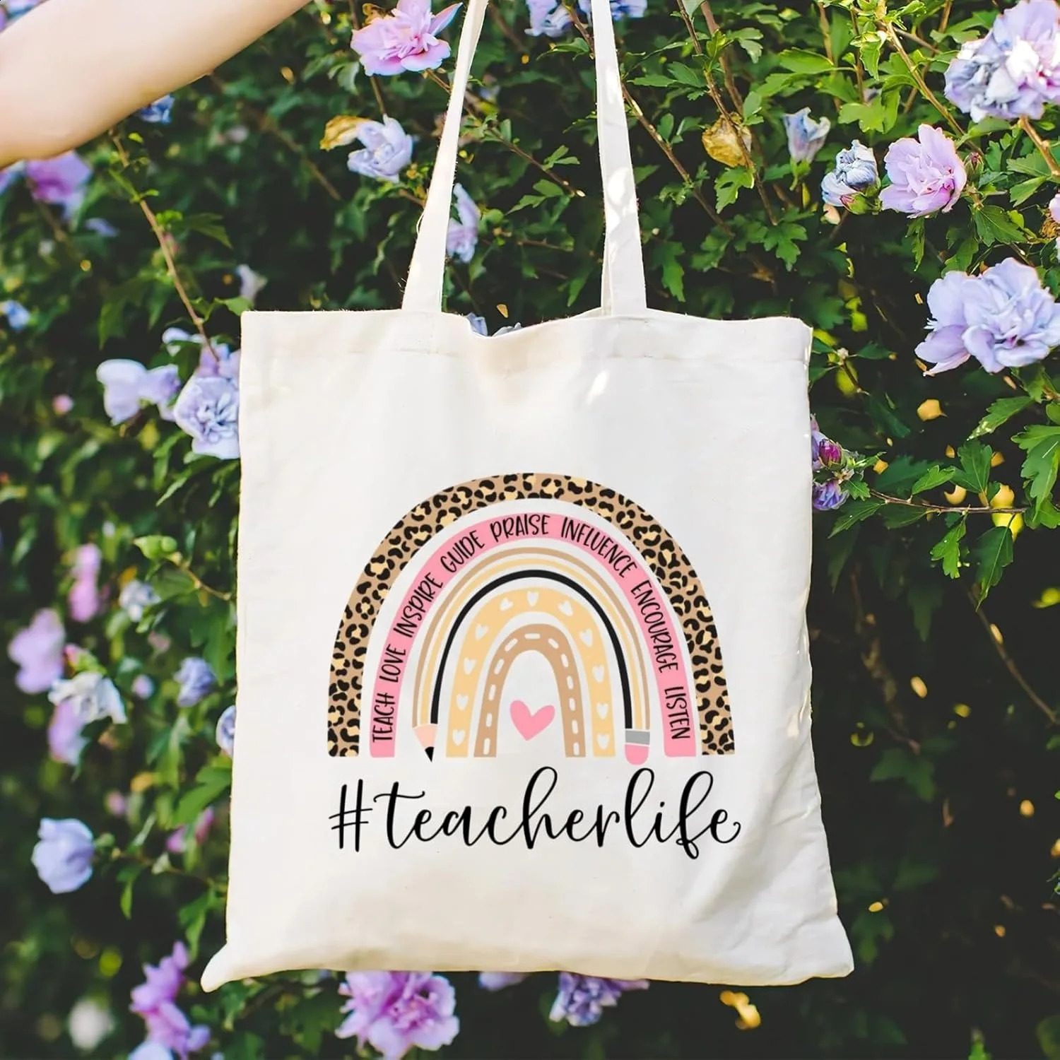 Teachers Gift Teacher Tote Bag Women Canvas Shoulder Bags Rainbow Letter Printed Casual Totes Female Large Capacity Handbag 260625 - view 3