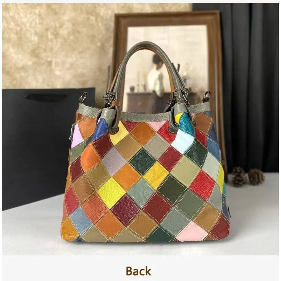 Genuine Leather Handmade Splicing Flower Crossbody Bags For Woman Random Scheme Cowhide Shell Bag Contrast Color Handbag - view 3