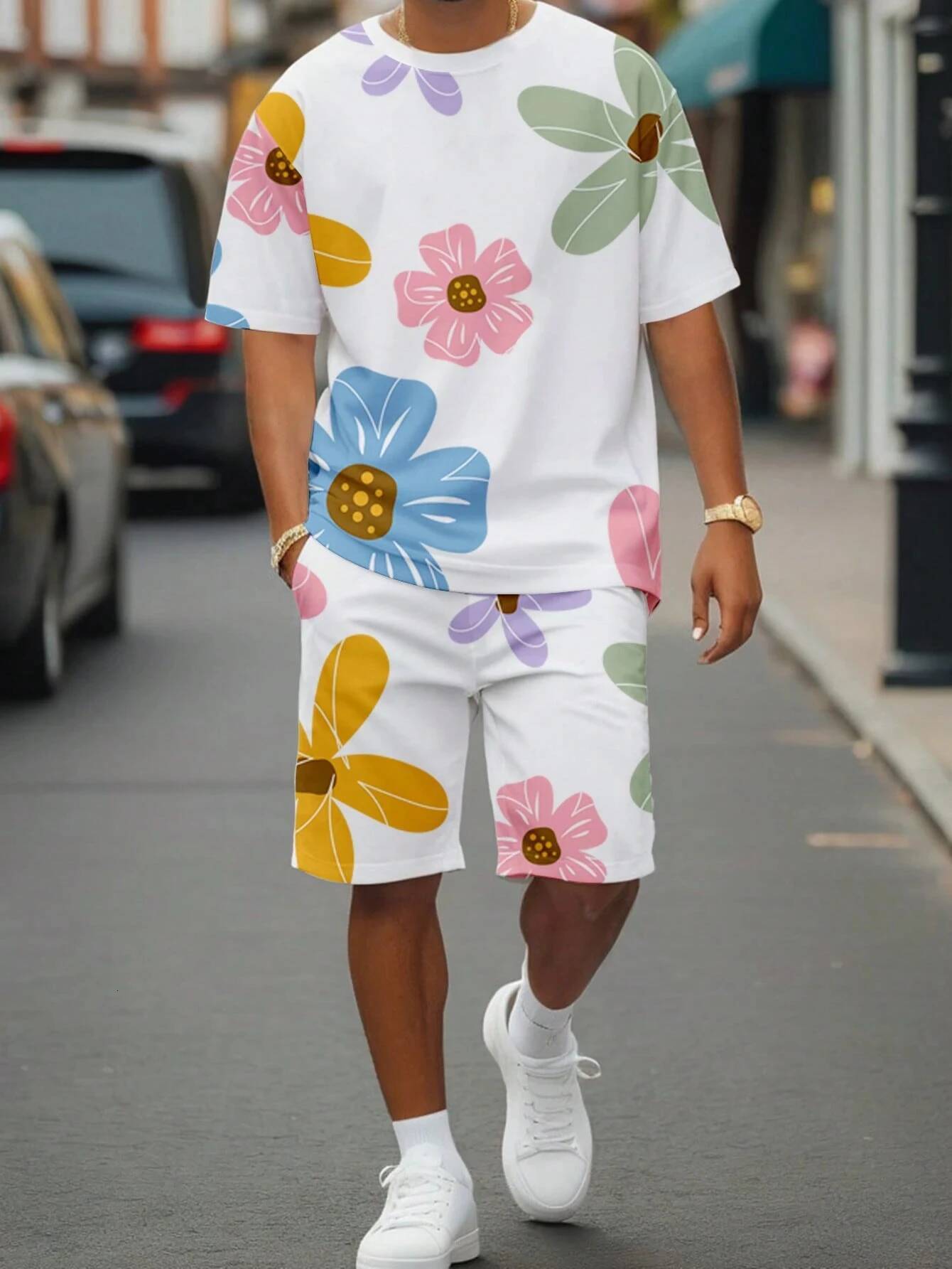 T Shirt Shorts 2 Piece Set Fashion Men's Black And White Flower Graphic Print T-Shirt 2-Piece O-Neck Short Sleeve Top Elastic Waist Shorts Set - view 7