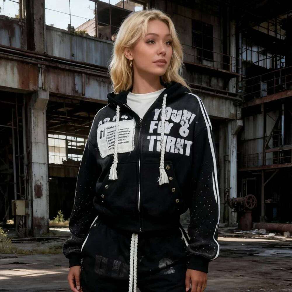 Y2k sportswear men's and women's hip-hop Harajuku retro patch print super large hooded sweatshirt W260626 - view 4