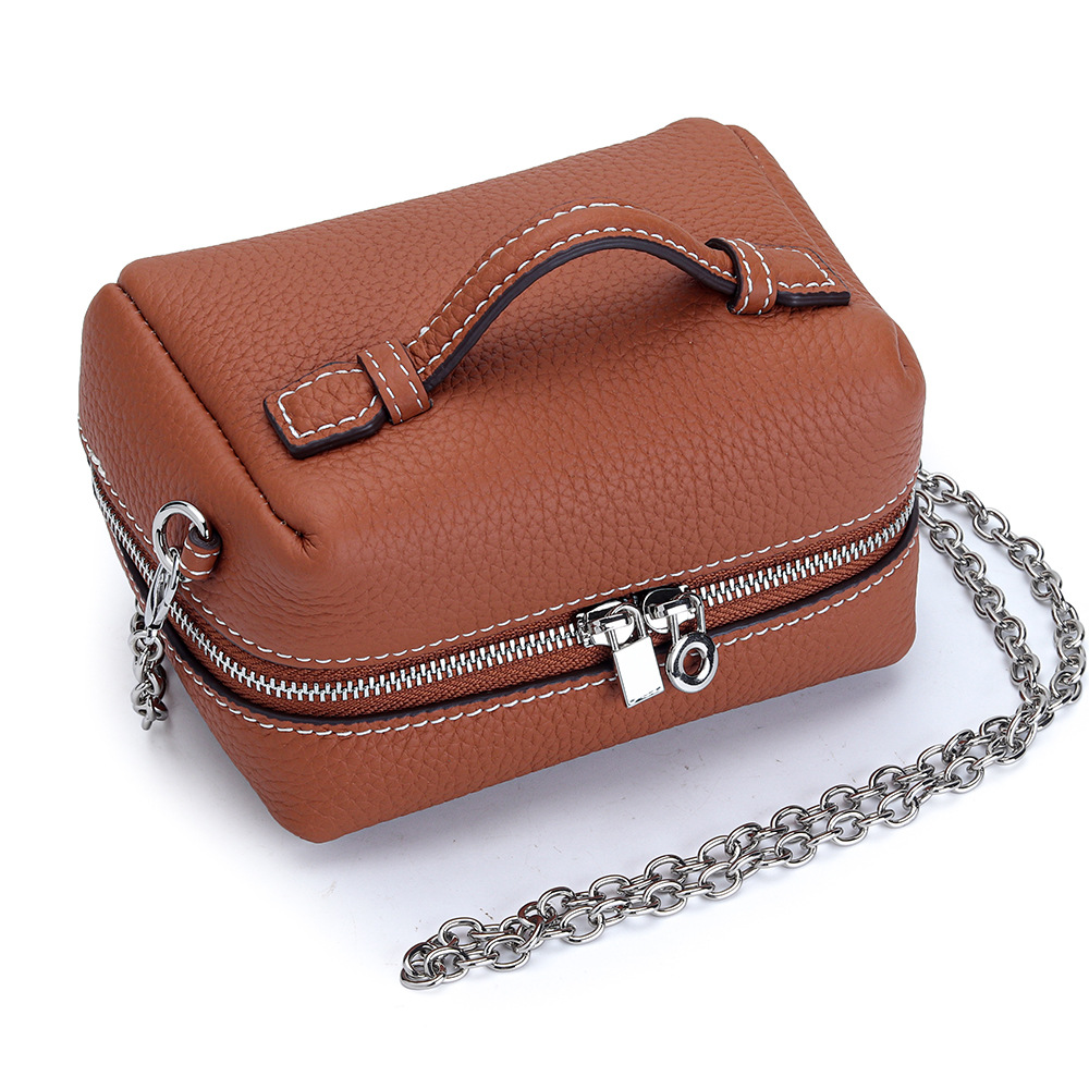 Women 10 Color Top Layer Cowhide Mini Chain Bag, Double Zipper Large Capacity Hand Pouch Multi Purpose Cosmetic Jewelry Bead Storage Crossbody Purse - view 3