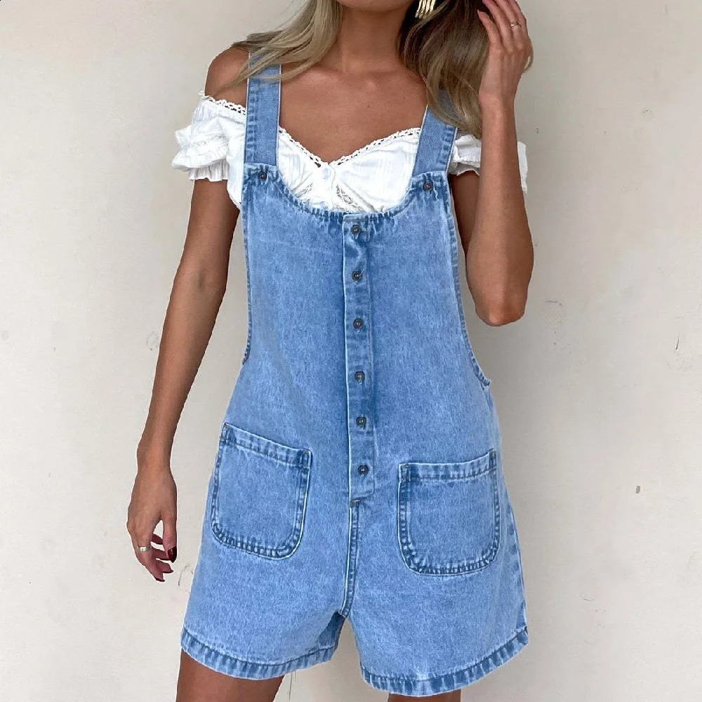 Women Spring Summer Denim Jumpsuits and Rompers Ladies Adjustable Jeans Short Bodysuits Casual Pockets Playsuits 260626