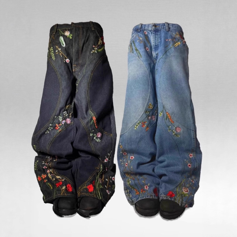 European and American style Y2k loose wide leg patch design, long floral embroidered jeans, men's and women's floor standing fashionable pan - view 5