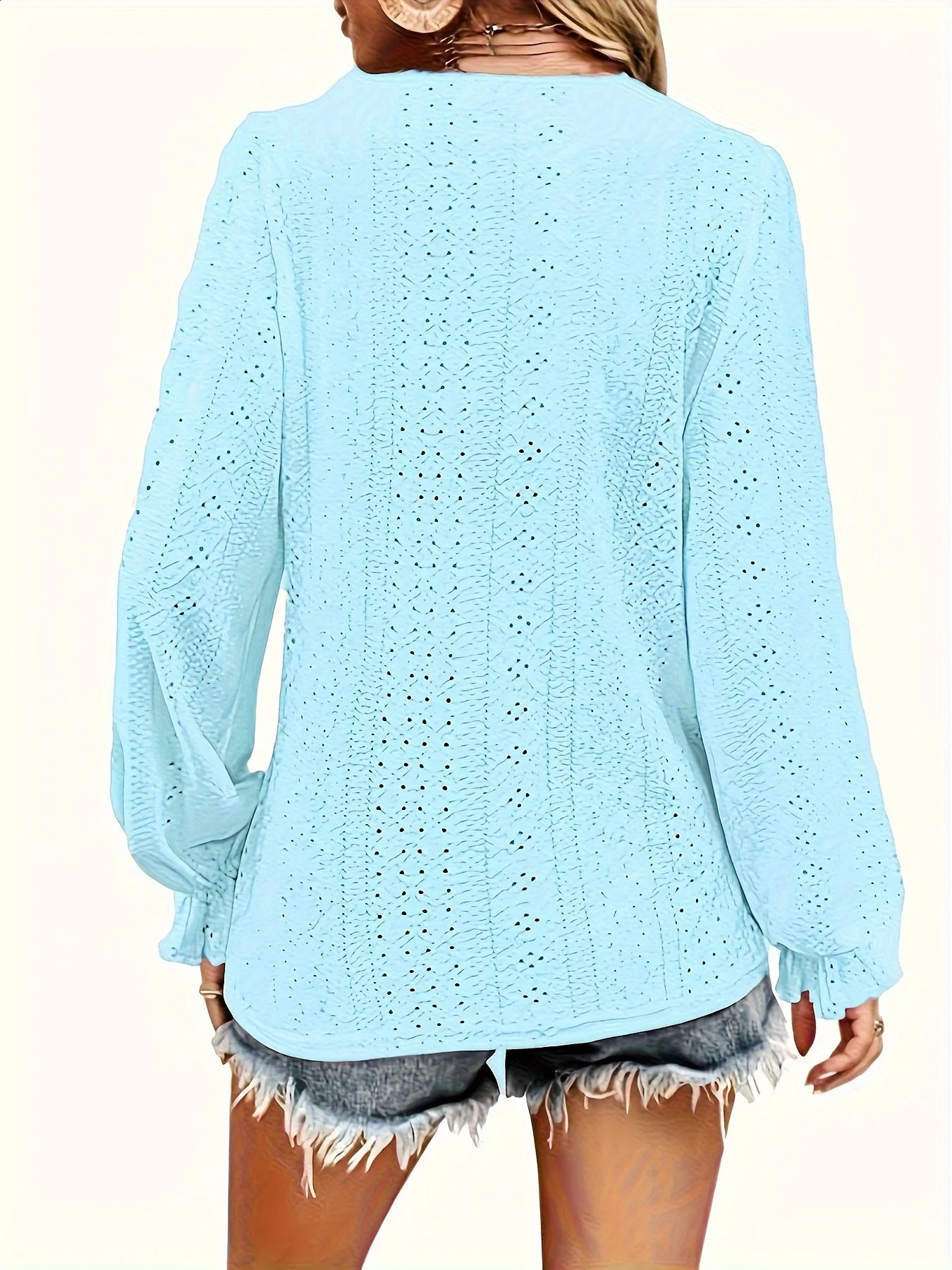 Plus Size Eyelet Button Decor T-Shirt Casual V Neck Long Sleeve Top For Spring Fall Womens Plus Size Clothing 260626 - view 4