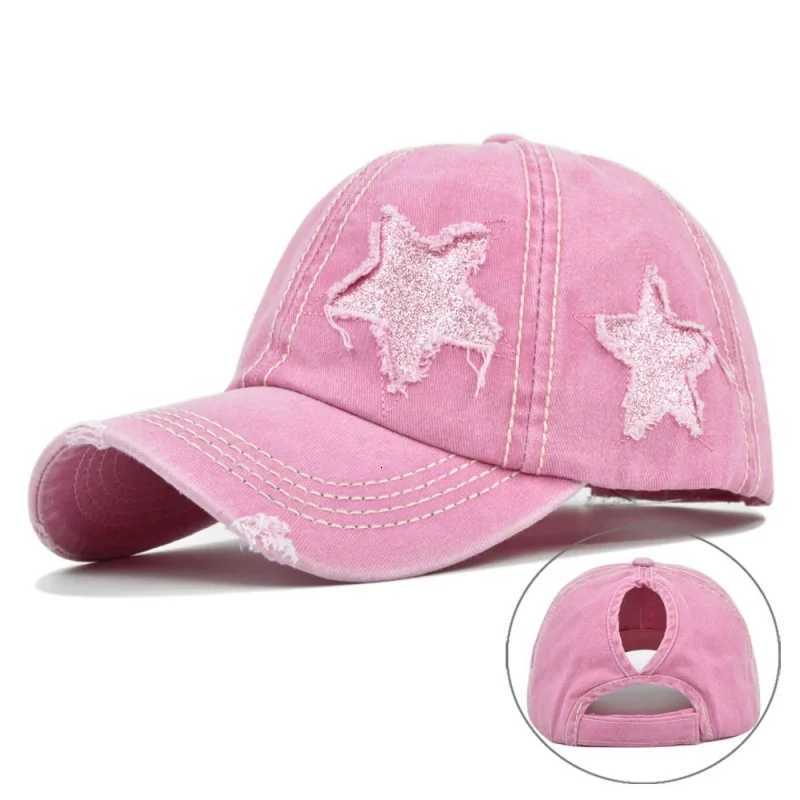Washed Women Ponytail Baseball Cotton Sun Hat Female Pentagram Sequins Hip Hop SnapHats Adjustable Sport Hat Gorra M260626 - view 4