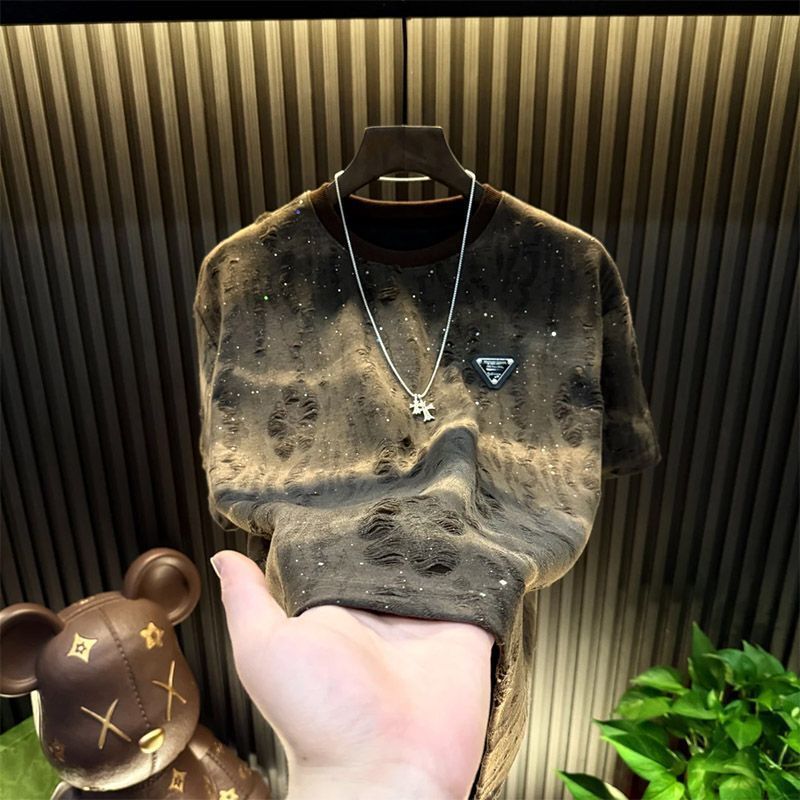 Ripped Starry Men's Short 2026 Light Luxury Hot-Selling New Trendy Round Neck T-Shirt Half Sleeve Top - view 5