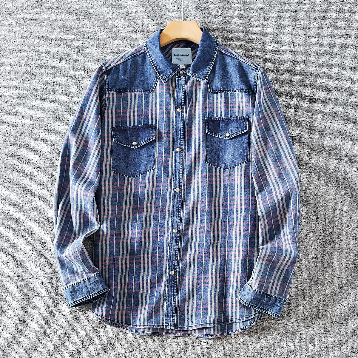 SuperAen Retro Washed Denim Patchwork 2026 Spring Fashion Plaid Casual Long-sleeved Shirt Single Breasted Shirts 260626 - view 1