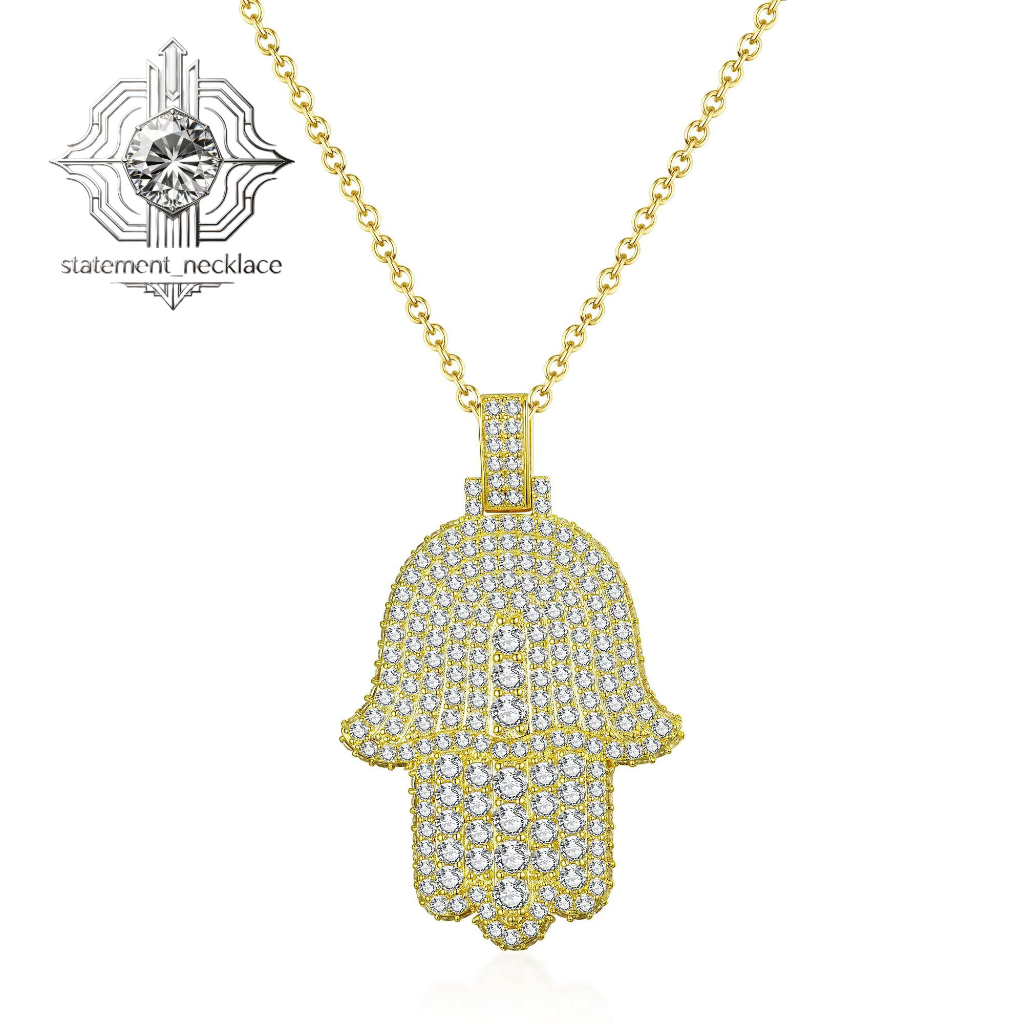 925 Silver Hamsa Pendant Necklace for Women Hip-Hop Style Cubic Moissanite Diamond Gold Rhodium Plated Christian Religious Peace Design