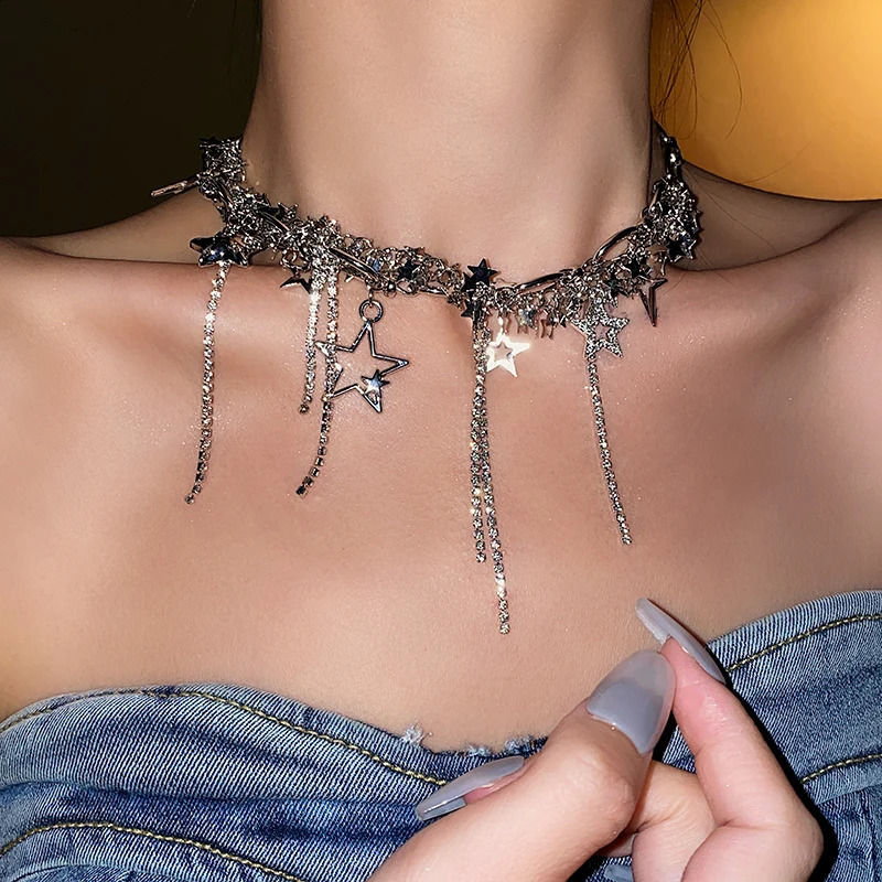Silver Color Hollow Star Choker Necklaces For Women Long Tassel Rhinestone Pearl Chain Necklaces Statements Jewelry K- 260624 - view 3