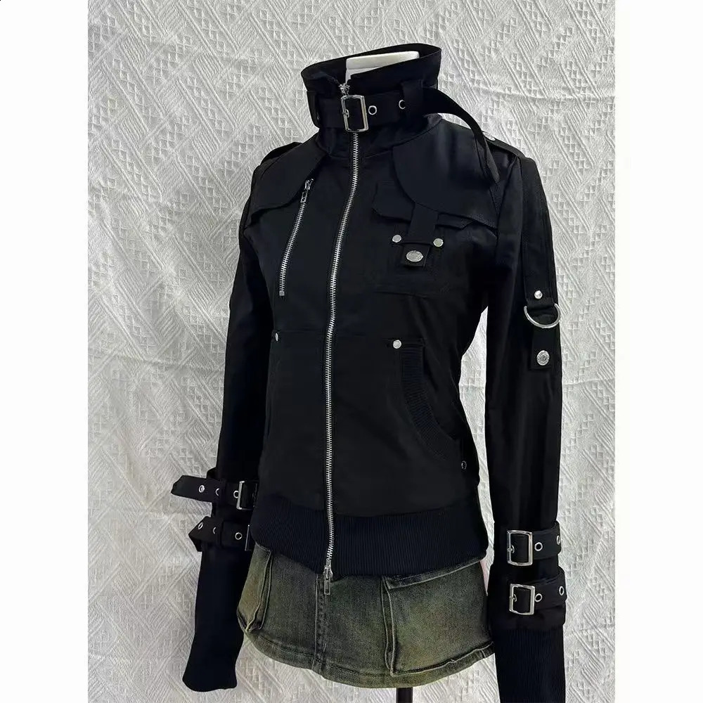 Gothic Black Slim Double Zipper Hoodie Womens Y2K American Retro Fashion Slim Oversized Cuffs Casual Motorcycle Jacket 260626 - view 7