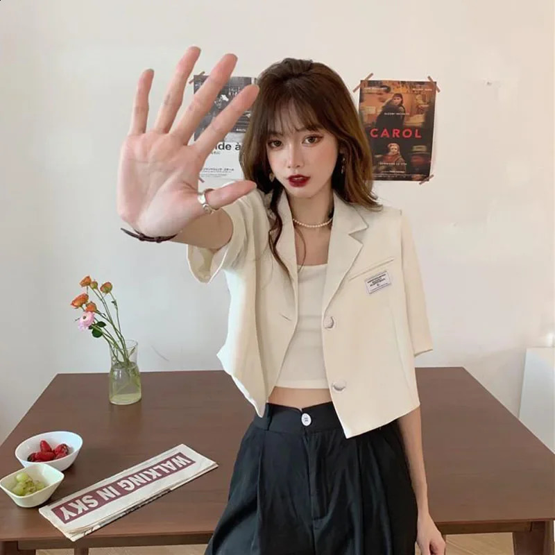 Short Sleeve Blazer Jacket Ladies Summer Thin Notched Collar Suit Coat Women Casual Wild Black White Outwear Tops 260625 - view 4