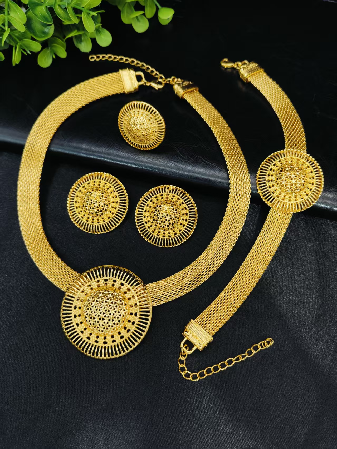 Ethiopian 24k Gold Plated Jewelry Sets for Women Costume Dubai Bridal Round Necklace Earrings Sets Nigerian Wedding Gifts - view 3