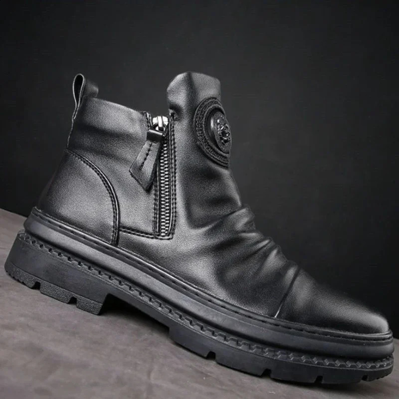 Mens Motorcycle Leather Boots British Style Round Head High Top Shoes Side Zip Walking Casual Platform Bota Masculina 260624 - view 6