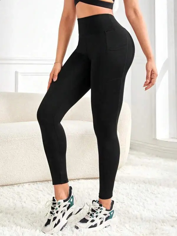 Womens high-waisted solid color pocket yoga leggings slim-fit stretch leggings comfortable and breathable fitness pants 260626 - view 4