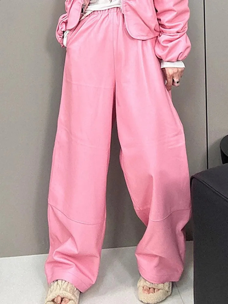 Autumn Women Casual Trousers Streetwear Sheepskin Genuine Leather Pants High Elastic Waist Fashion Female Wide Leg 260625 - view 3