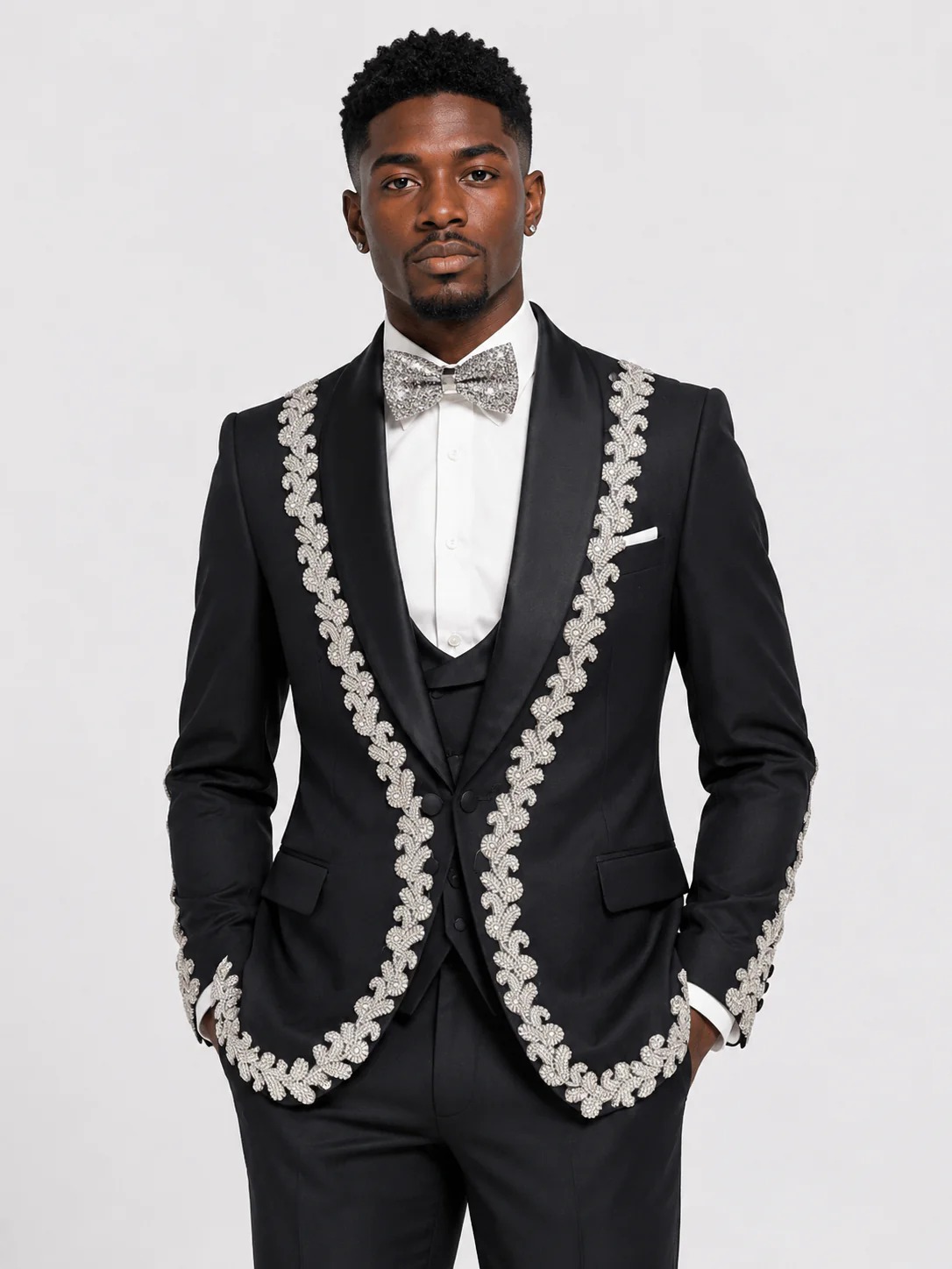 Modern Men Suits Tailor-Made 2 Pieces Beading Jacket Shawl Lapel Wedding One Button Blazer Evening Party Customized Coat Black Pants Plus Size - view 3