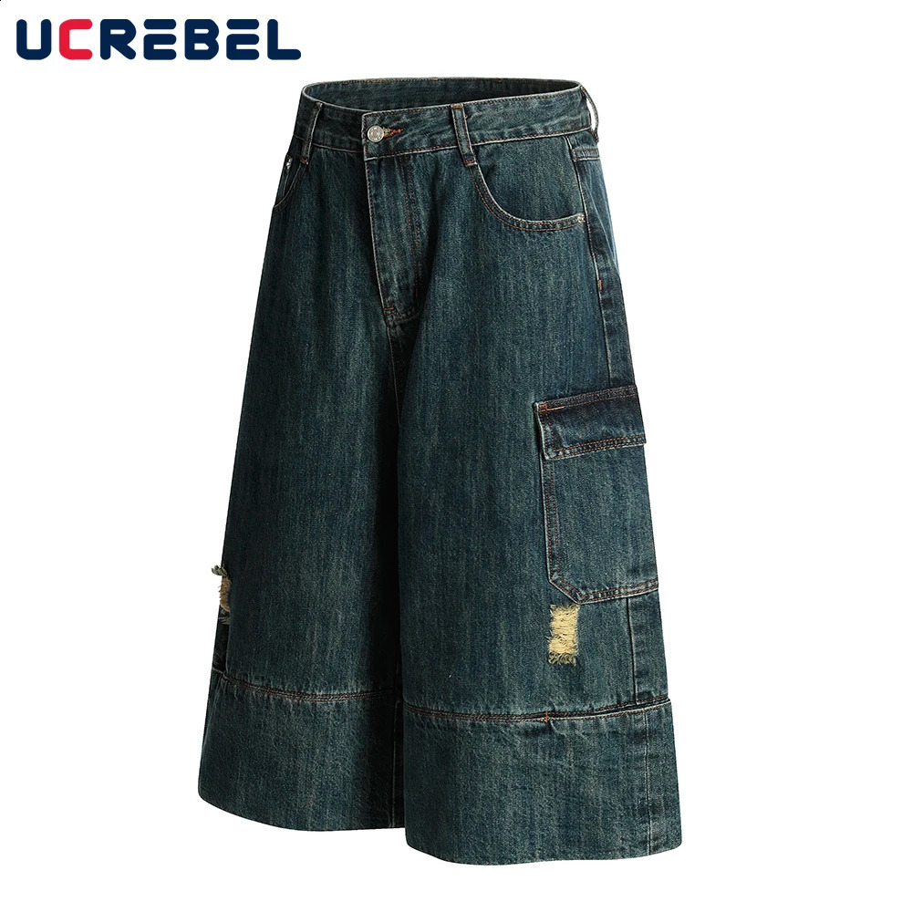 Pocket Spliced Denim Shorts Mens Ripped Washed Distressed Retro High Street Loose Wide Leg Short Pants Men 260625 - view 3
