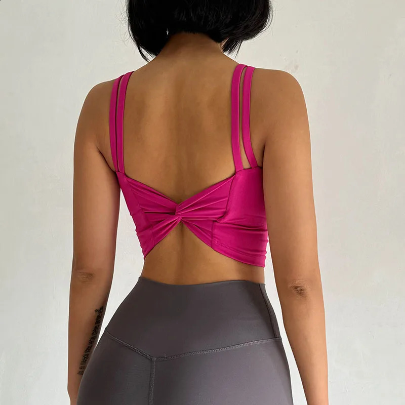 Womens Push up Sports Bra Fitness Yoga Bra Top with Fixed Pads Sexy Back Knotted for Running And Gym Underwear Vest 260626