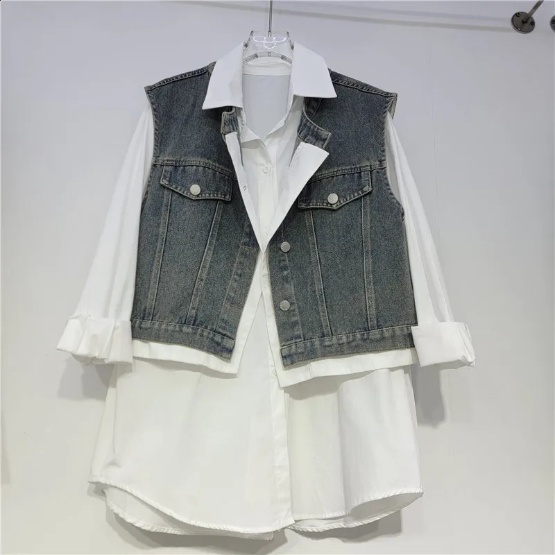 SuperAen Korean Style Fashion Short Denim Vest Women Autumn lapel Collar Simple Vintage Striped Loose Shirts 260626 - view 5