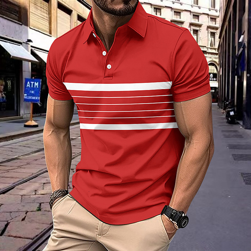 New Men's Casual POLO Shirt, Summer V-Neck Buttoned Striped Versatile T-Shirt - view 4
