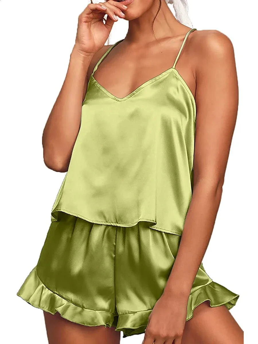 2 Piece Set Nightwear Solid Color Sleeveless Camisole Tops Ruffle Shorts Summer Pajama Set Loungewear 260625 - view 3