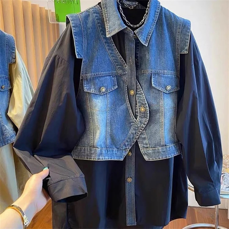 European Goods Fat MM Thin Belly Fake Two-Piece Shirt loose Tibetan Meat Autumn n Sense Denim Stitching Long-sleeved Shirt 260626 - view 3