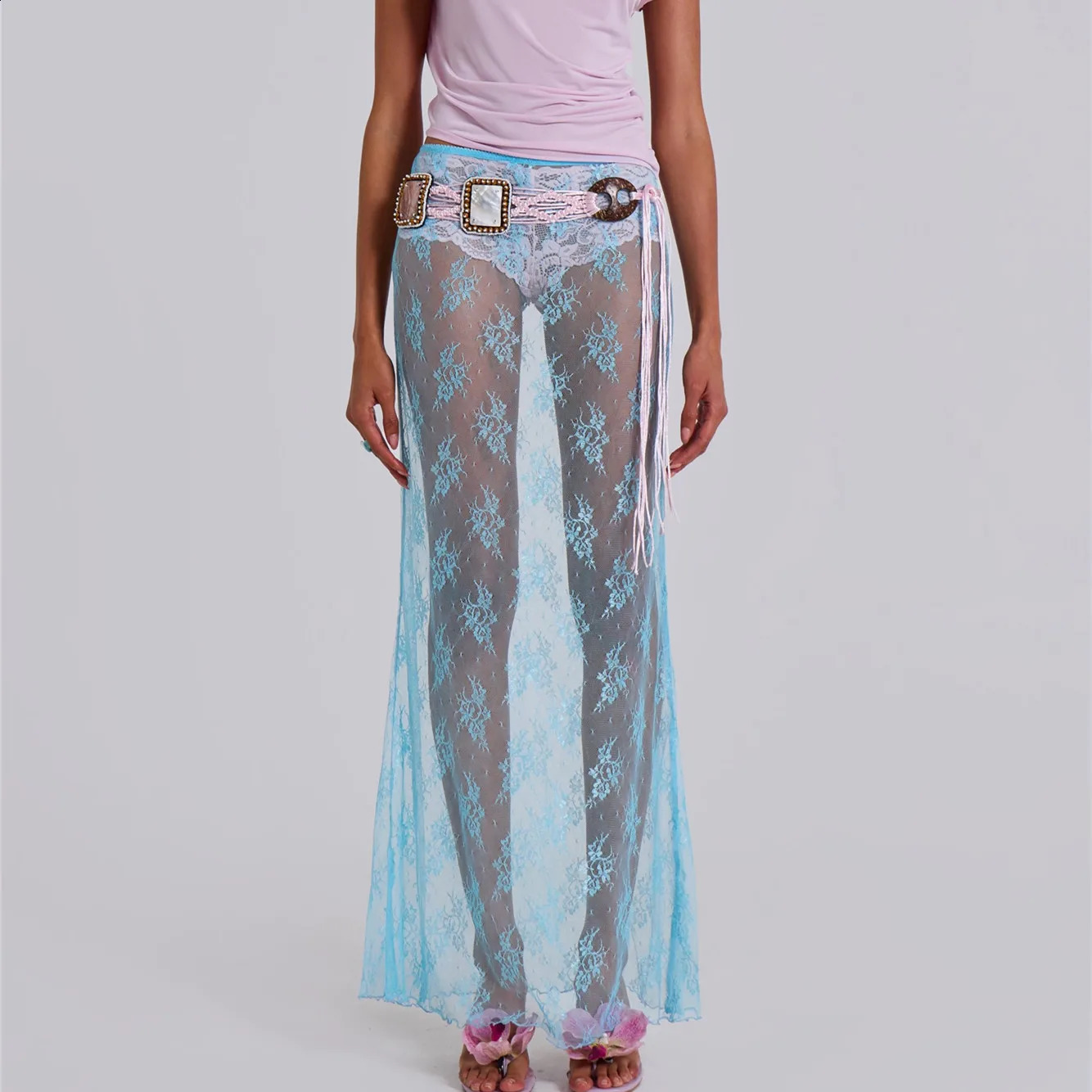 Women Lace Sheer Maxi Skirt Y2k High Waist Split Midi Sexy See Through Cover Up Long Beach Boho Clubwear 260626 - view 3