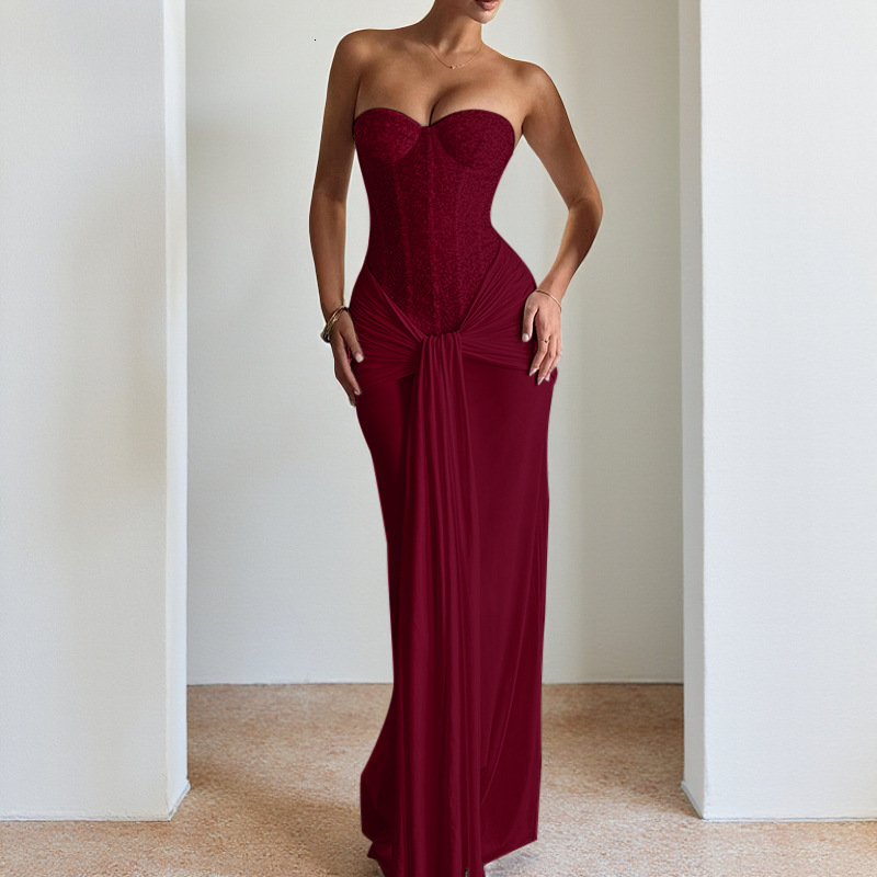 XY25325PFO Hot-Selling Evening Dress Long Dress New Waist-Cinching Slimming Ribbon Strapless Elegant Dress - view 5
