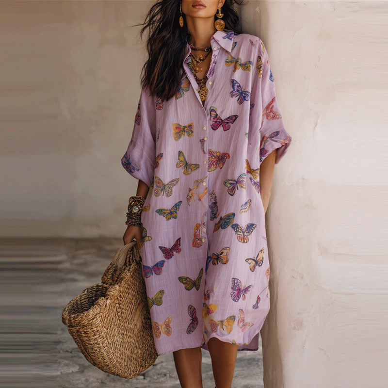 Women's Butterfly Print Dress, Lolita-Style Knee-Length Pencil Dress with V-Neck, Three-Quarter Lantern Sleeves, Dropped Waist and Split Detail, Butte