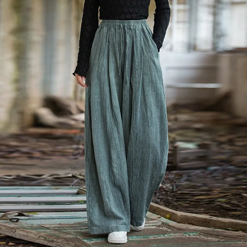 Johnature Women Casual Ramie Cotton Wide Leg Pants Elastic Waist Tiedye Trousers Autumn Pockets Belt Long 260625 - view 4