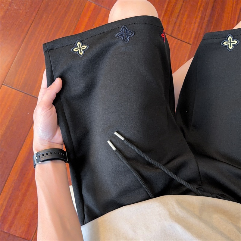 Contrast Color Waistband Embroidered Sports For Men, Summer Loose-Fitting Basketball Mid-Length Pants, Trendy Casual Wide-Leg Shorts