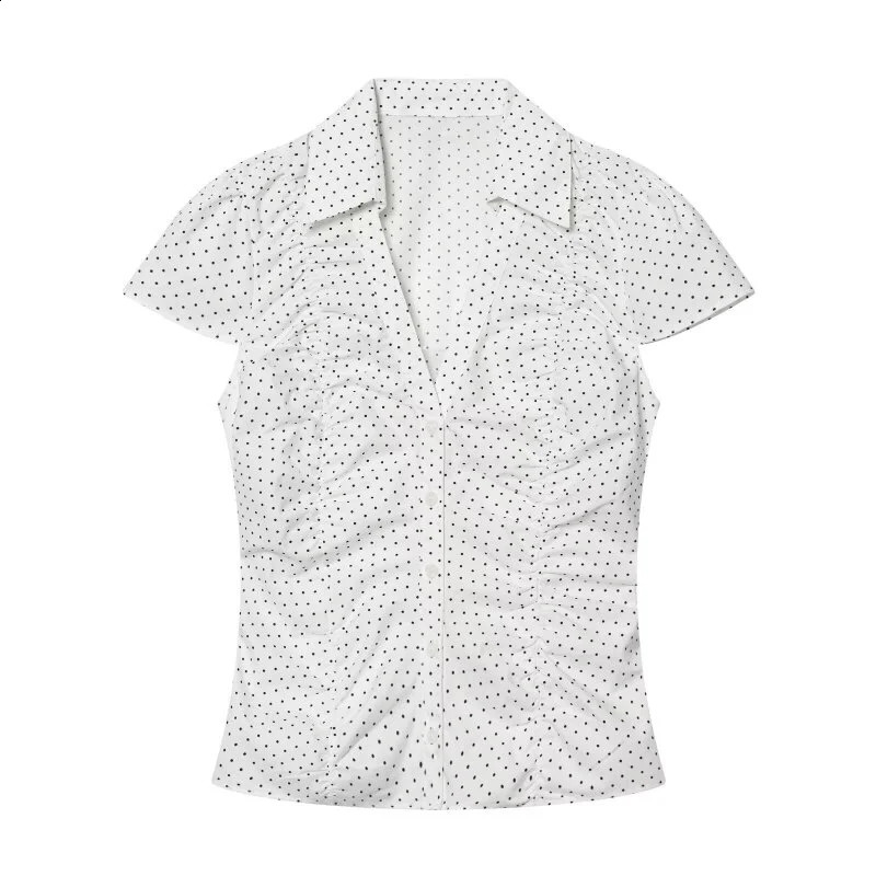 Summer Y2K Vintage Polka Dot Short Sleeve Blouse For Women V Neck Collared Ruched Bodycon Slim Fit Casual Daily Streetwear Shirt 260626 - view 7