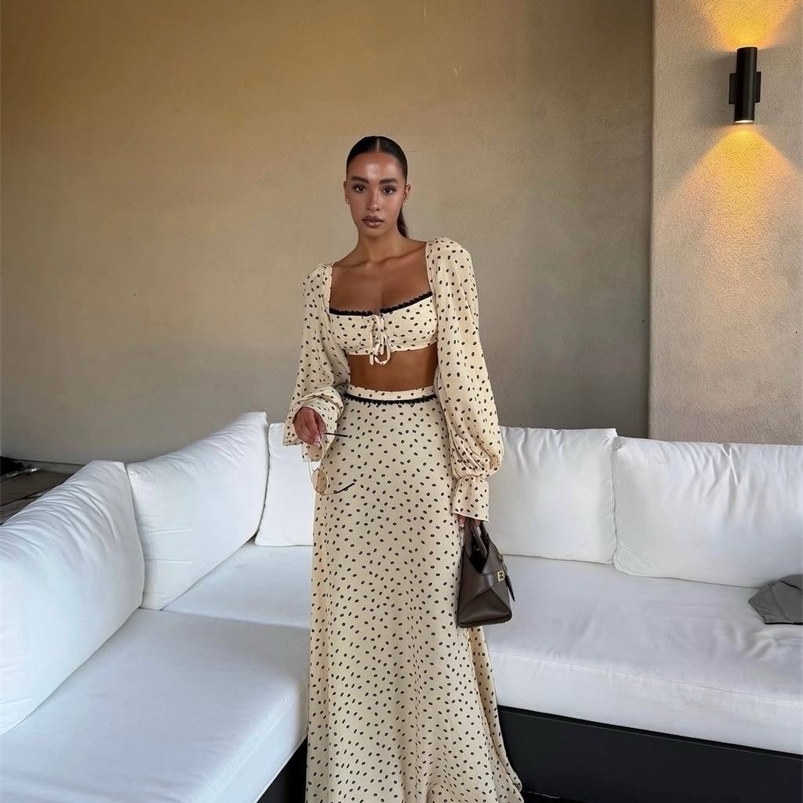 Sexy Polka Dot Tank Top Skirt Women Set Beach Long Lantern Sleeve Tops A-line Trumpet Skirts Suit 2026 Spring Summer Lady Outfit 260618CJ