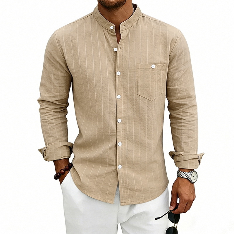 Mens Linen Stand Collar Striped Shirt Spring and Autumn Casual Commuting Trendy Slim Fit Long Sleeve Shirt - view 8