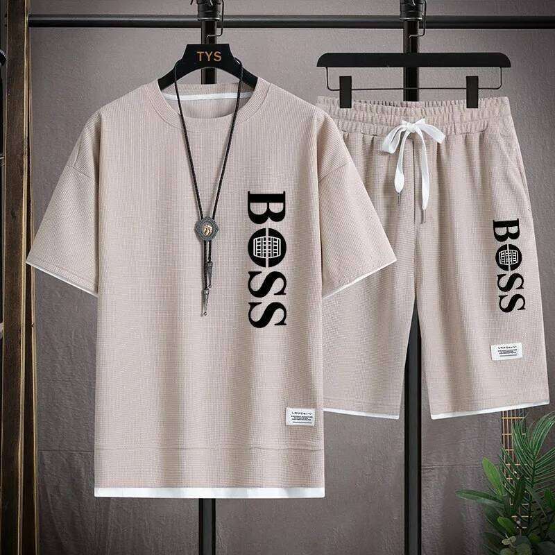 Fashionable printed T-shirt shorts set for men's sports, simple and comfortable summer waffle suit 26Y0626 - view 6