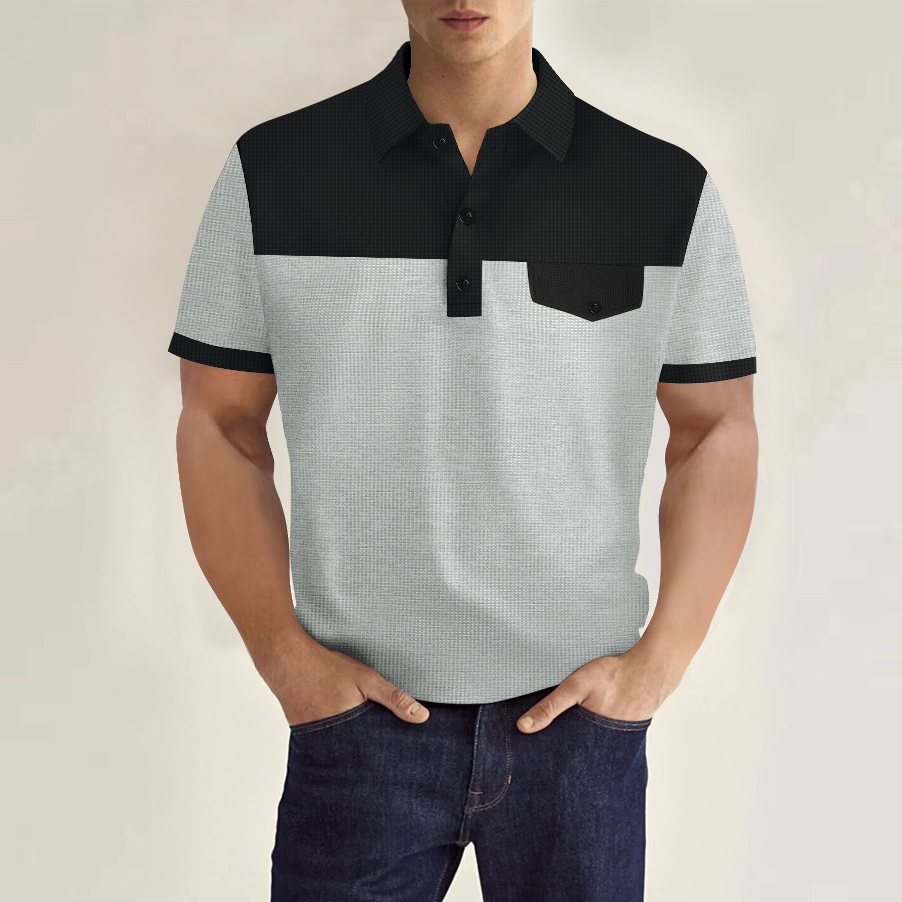 2026 European New Men's Waffle Collar Polo Shirt With Patchwork And Faux Pocket Buttons On The Chest