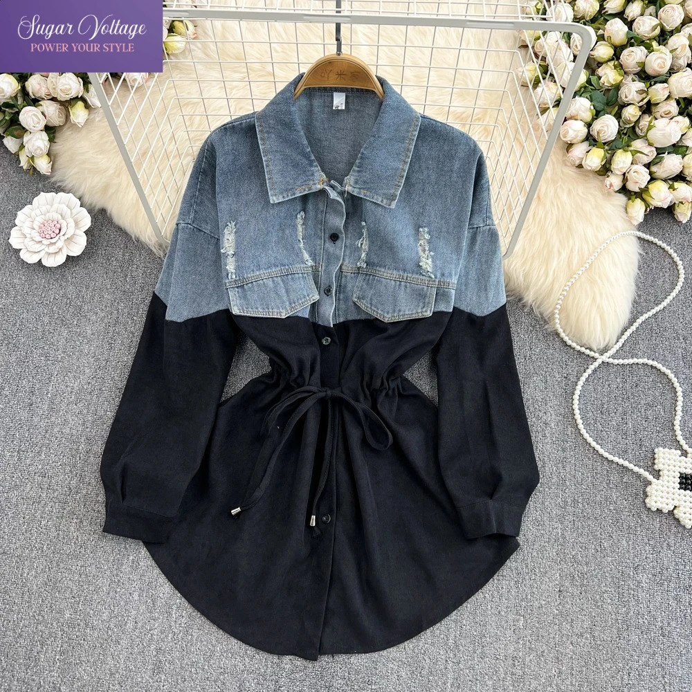 Womens Turn-down Collar Denim Patchwork Shirt Jacket Autumn Loose Long Sleeve Drawstring Waist Mid-Length Casual Streetwear Top 260626