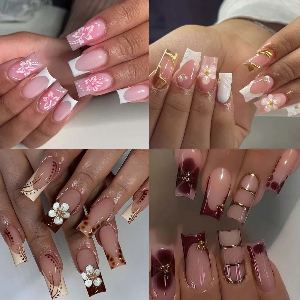 96Pcs4Mixed3D Three-Dimensional Gelnail Makes Flower Nails With Faux Pearl Decorate n Square French Tip Press On Nails Lo 260626 - view 3