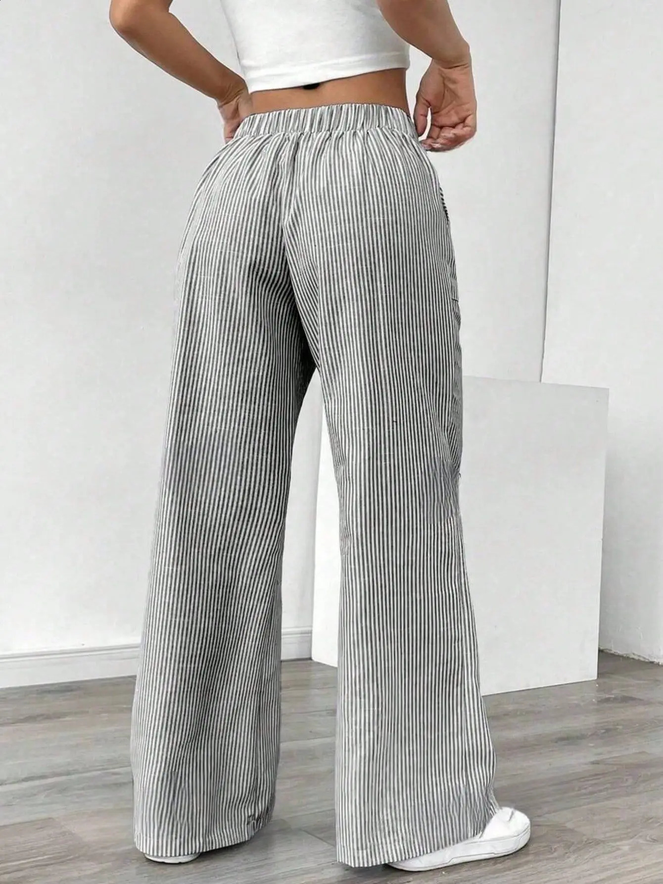 Summer striped drawstring wide leg pants for women high waisted loose fit slimming casual straight hanging 260625 - view 3