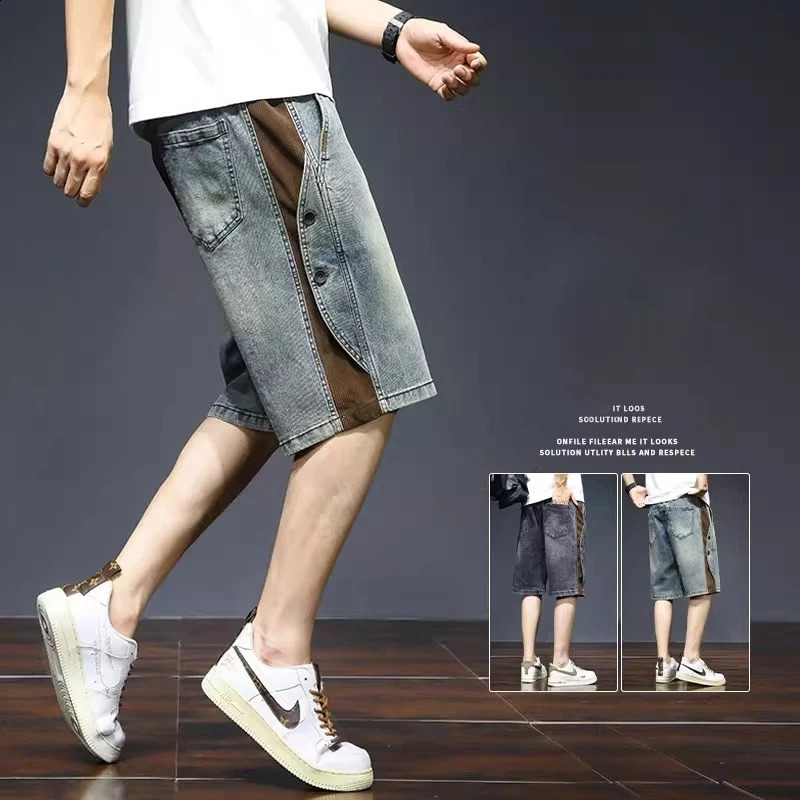 2026 Drawstring Blue Baggy Denim Shorts For Men High Street Retro Casual Jorts Side Button n Patchwork Short Jeans 260625 - view 3
