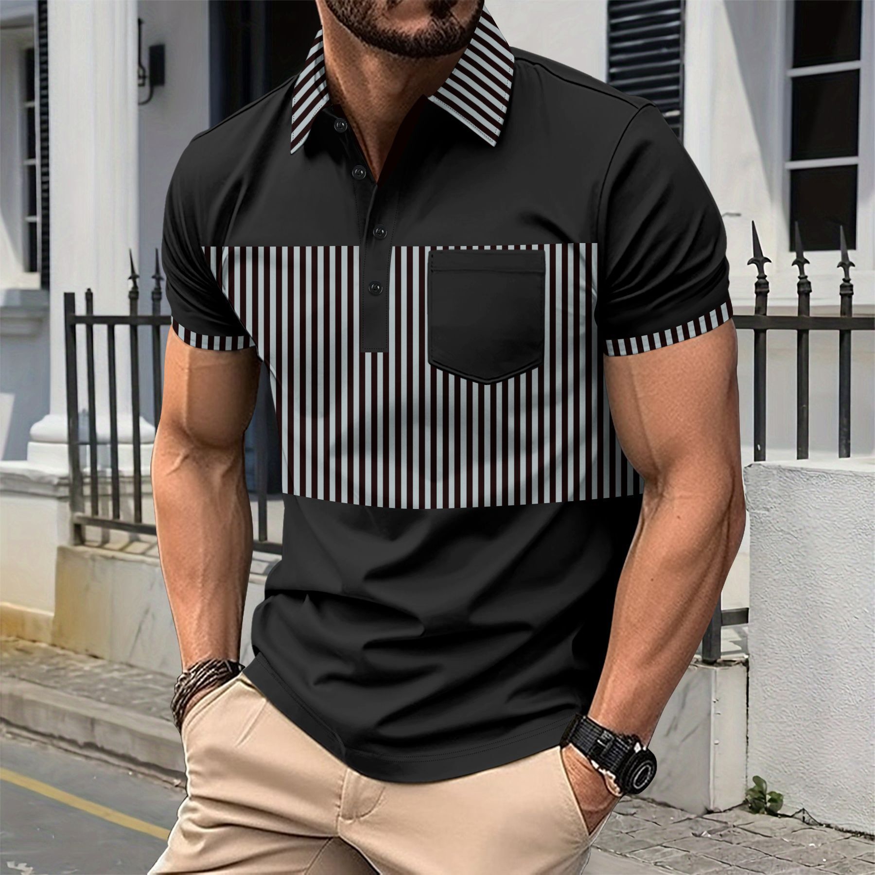 New Men's Casual Polo Shirt With Chest Pocket, V-Neck, Buttoned Stripes, Versatile T-Shirt