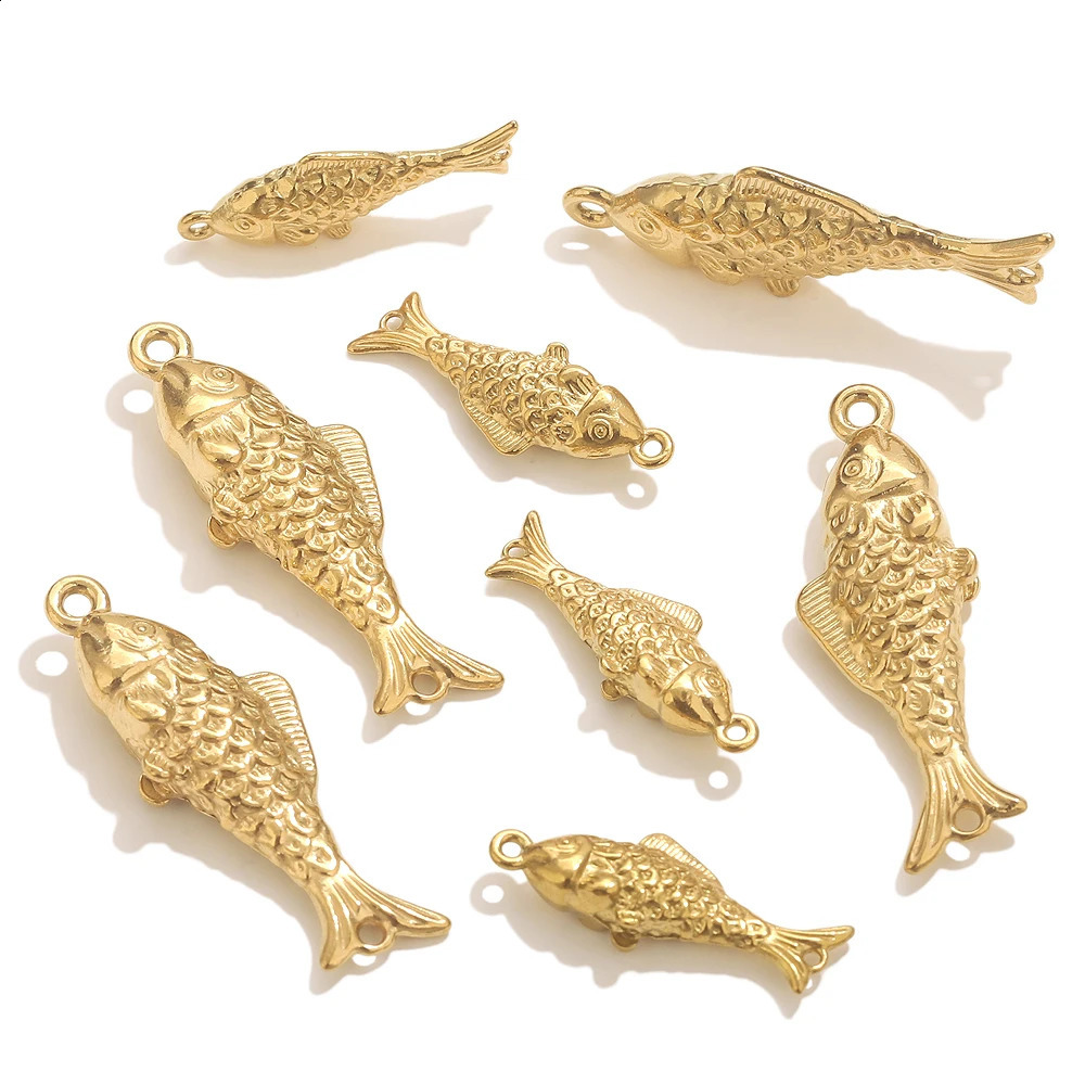 5pcs Stainless Steel Double Hole Fish Connection For Bracelets Necklace Gold Charms DIY 3D Fish Pendants Jewelry Connector Parts 260623 - view 1