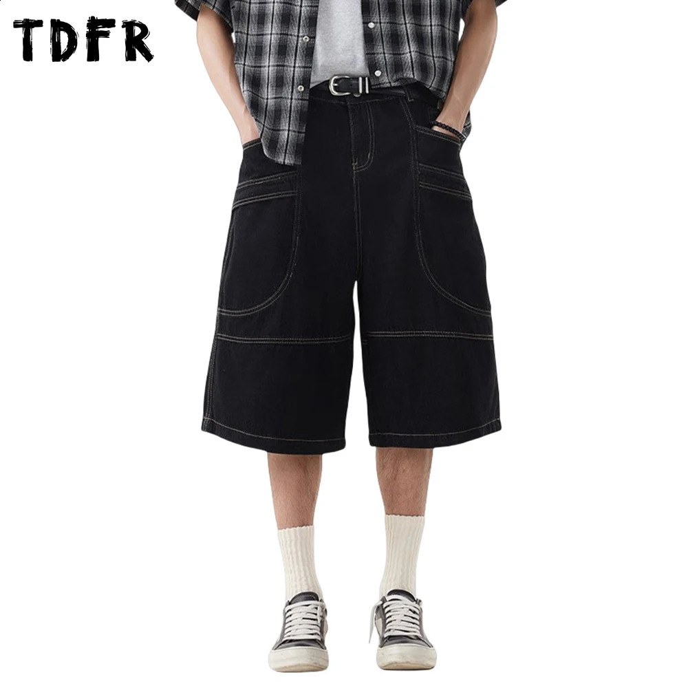 Pocket Denim Shorts Mens Top Stitch Spliced Summer Streetwear Loose Straight Wide Leg Short Jeans Men 260625 - view 3