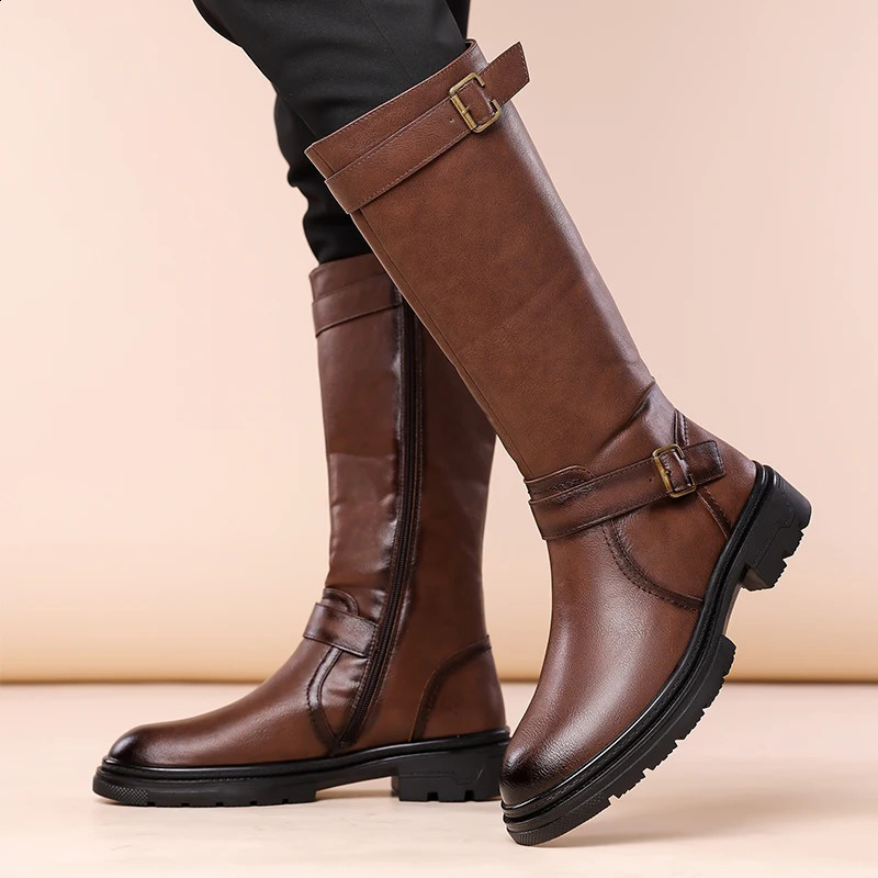 British Men Black Leather Knee High Boots ner Motorcycle Boots Casual Work Boots Outdoor Fashion Street Shoes Zapatos 260625 - view 7