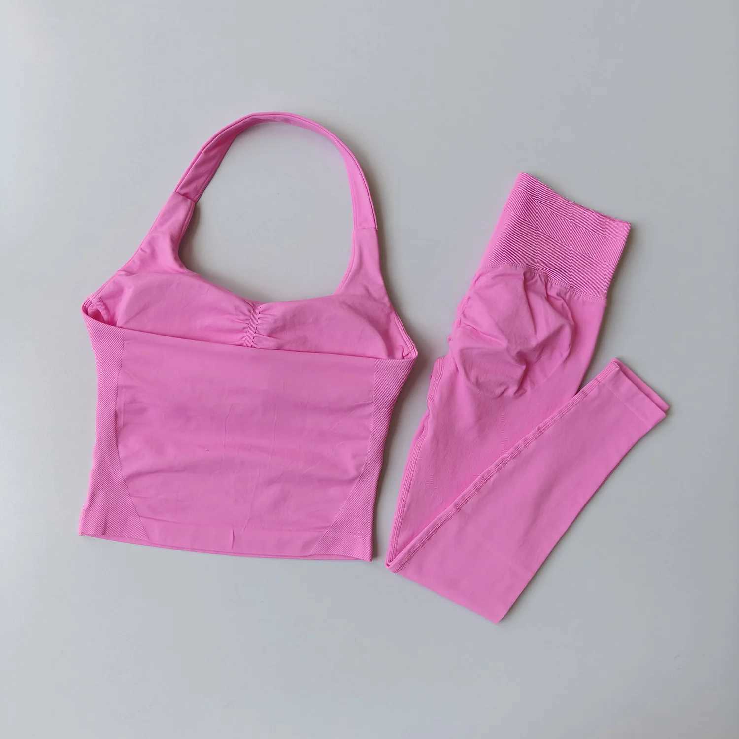 Sexy Halter Neck Beautiful High Waist Peach Sports Bras Leggings Suit Pilates Gathering Yoga Vest Training Fitness Bra Sets M260626 - view 3
