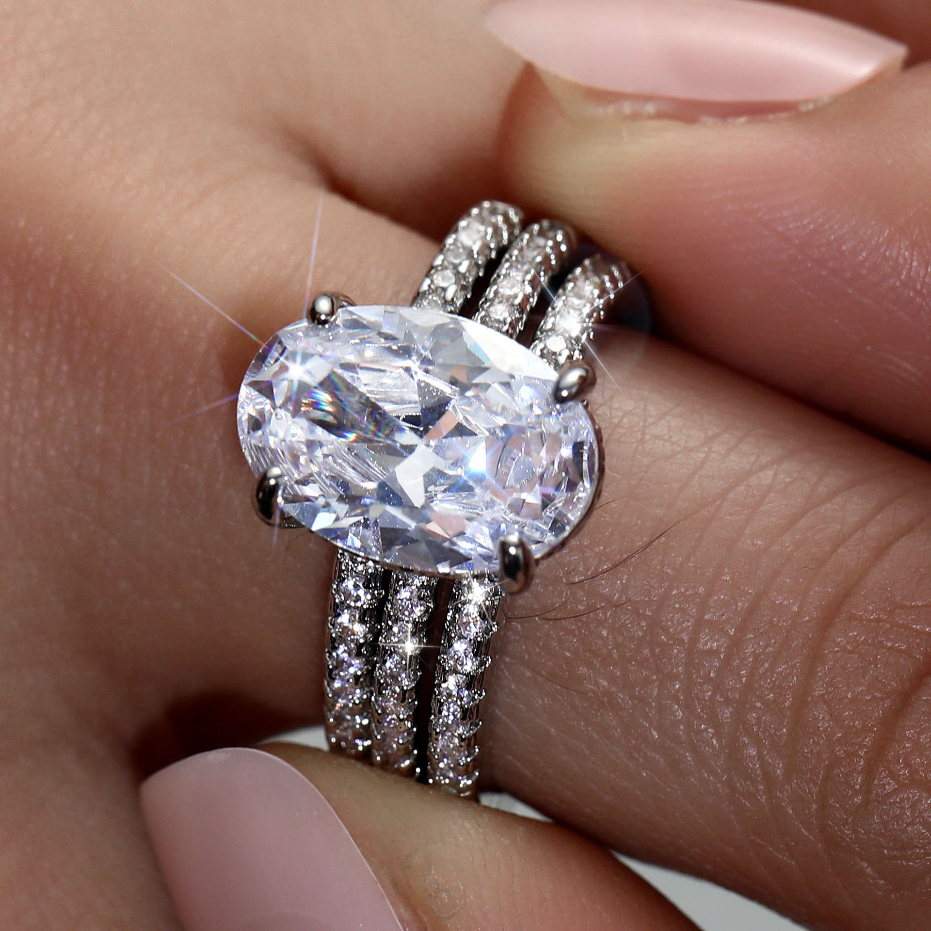 3pcs Wedding Couple Rings Set Sparkling Luxury Jewelry Silver Fill Large Oval Cut 5A Cubic Zirconia CZ Diamond Eternity Party Women Bridal Ring For Lo - view 3