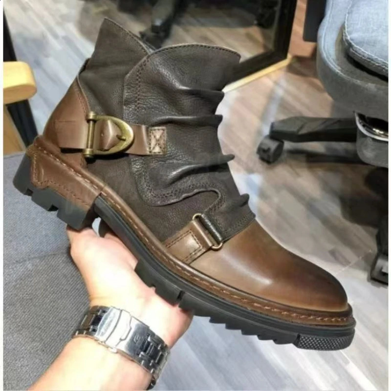 Retro Mens Motorcycle Leather Boots British Style Round Head High Top Shoes Casual Platform Moto Street Gear 260626 - view 3