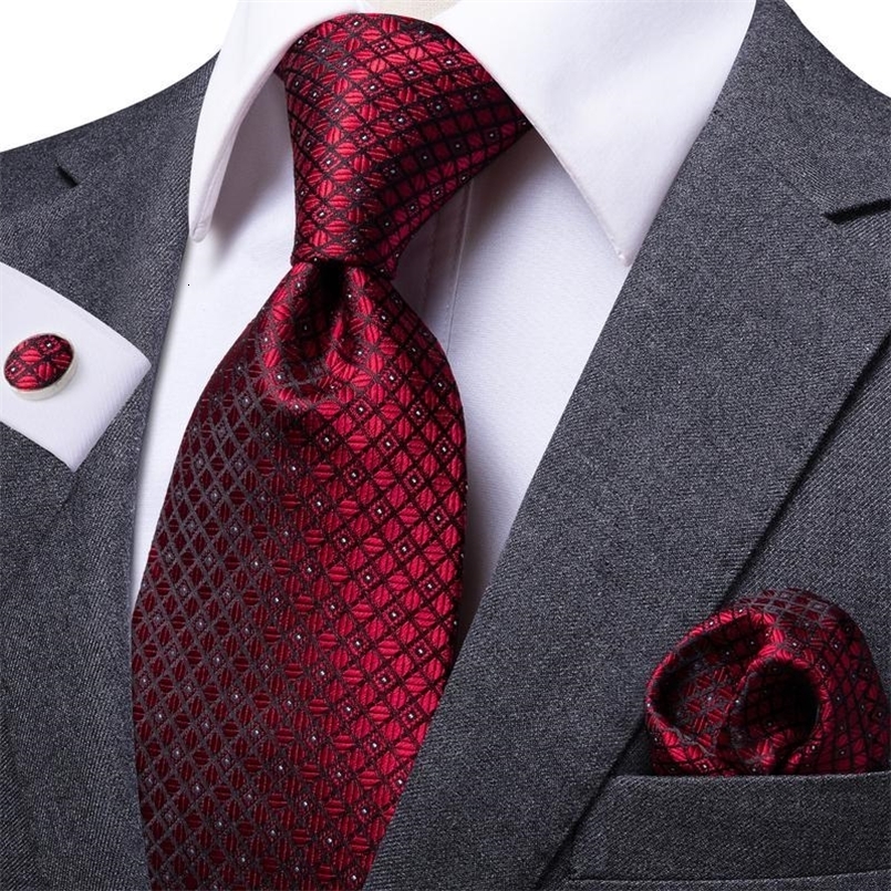 Hi-Tie ner Red Burgundy Plaid Silk Wedding Tie For Men Handky Cufflink Gift Mens Necktie Fashion Business Party Dropshiping 260617