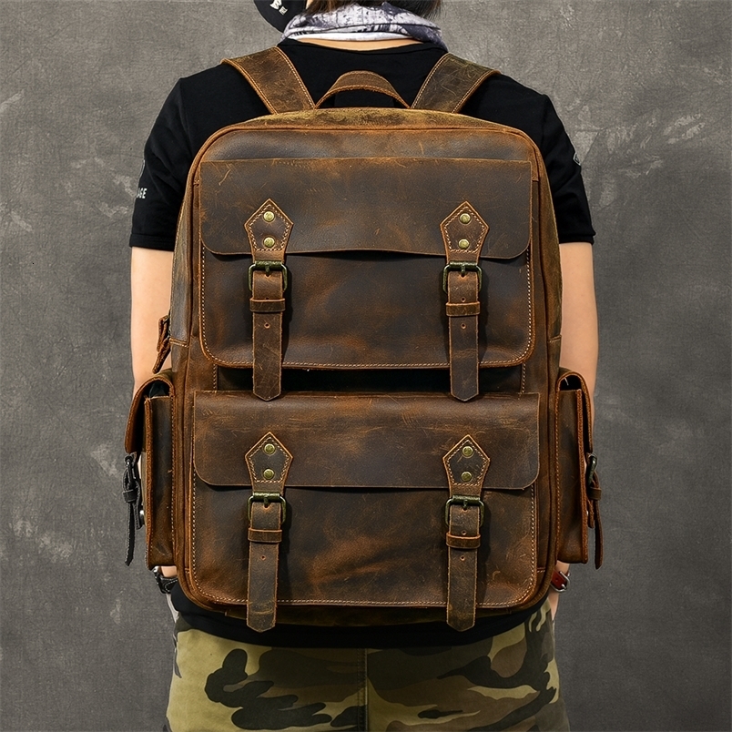Vintage Crazy Horse Genuine Leather Backpack Men Bagpack Cowhide Hiking 17laptop Bag Male Travel Rucksack Large M815 y260611