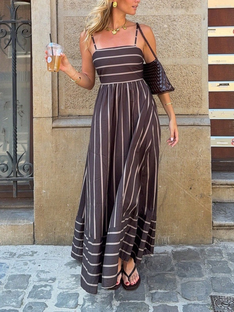 New womens French-style resort-style long dress with striped straps casual vacation dress - view 8